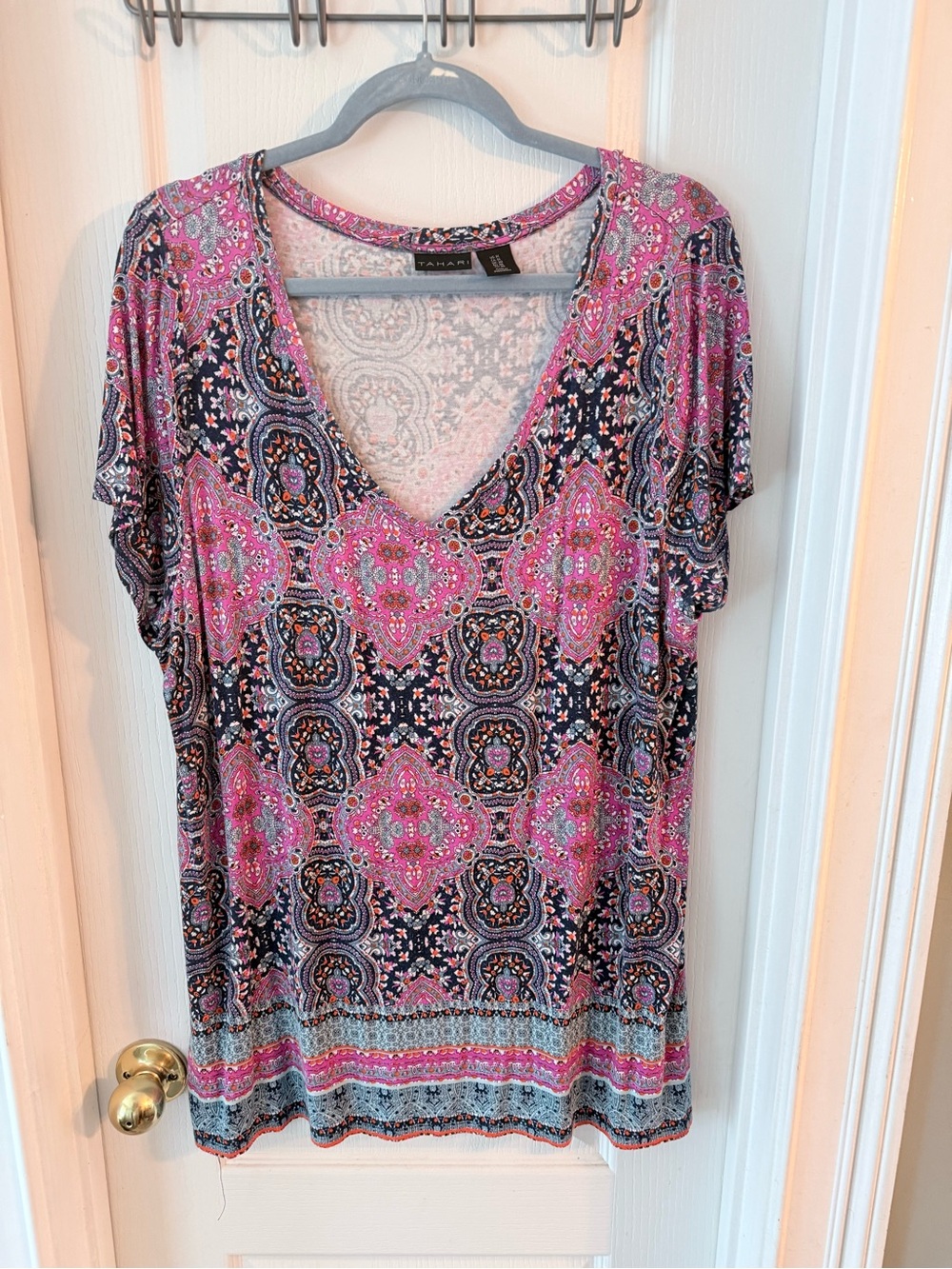 Tahari Pink and Navy Bohemian V-Neck Short Sleeve Top